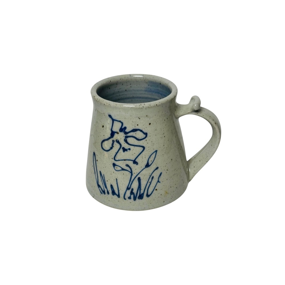 VINTAGE Studio Pottery Cobalt Blue Floral Stoneware Mug Thumb Rest